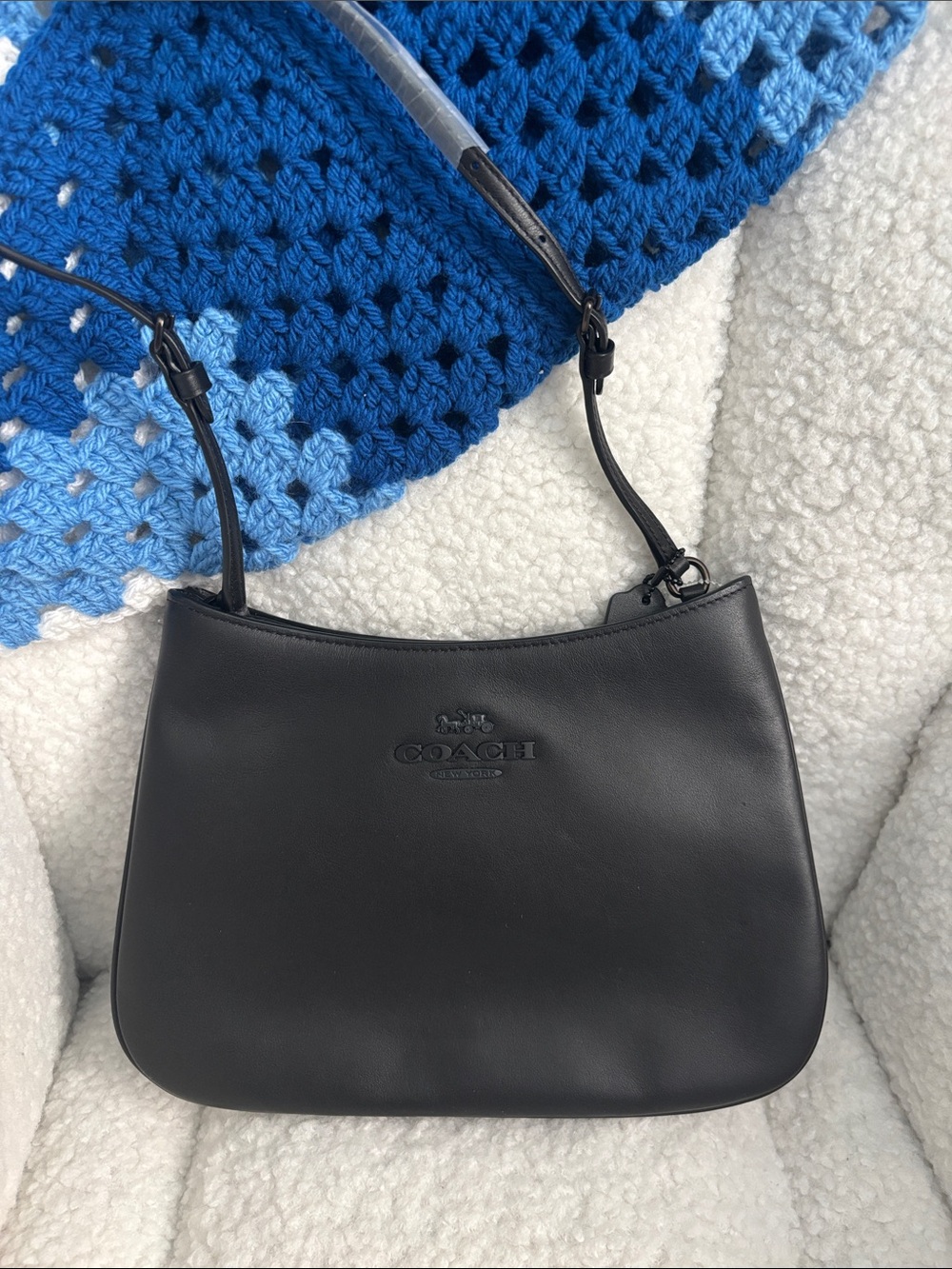 Coach Black Leather Shoulder Bag with Embossed Logo